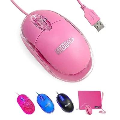Image of SOONGO Computer Mouse Wired Optical Pink USB for Laptop PC Desktop Mice Compatible with Windows Linux Mac fit Color