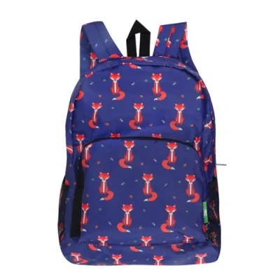 Image of ECO CHIC Lightweight Foldable Water Resistant Backpack Rucksack Folds into Pouch for Storage (Foxes Navy)