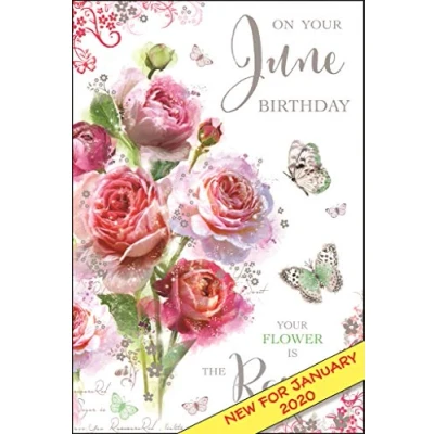 Image of Jonny Javelin Artistic Female Birthday Card (JJ SG78) June Birthday, Pink Roses Foil, Flitter &amp; Embossed Finish