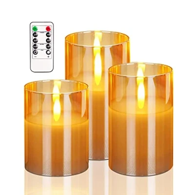 Image of HIYAA LED Flameless Candles, Gold Glass Battery Operated Candles Flickering with Remote, 3D Wick Realistic Warm Light Timer for Wedding Party Christmas Decoration