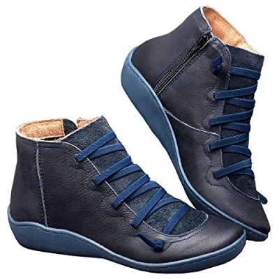 Image of Ladies Vintage Leather Boots Round Toes Zipper Short Boot Winter Comfy Breathable Waterproof Walking Booties Blue 8 UK