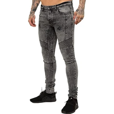 Image of New ENZO Mens Stretch Skinny Fit Biker Blue Denim Jeans 34 W X 34L Black Acid