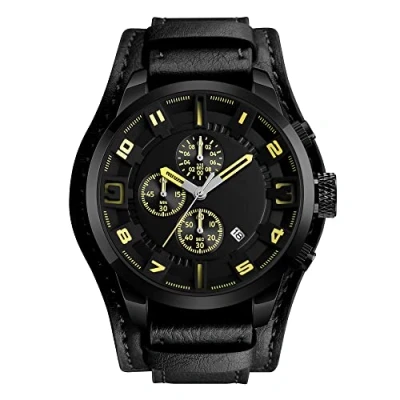 Image of FeiWen Mens Stainless Steel Analog Quartz Sports Watches Casual Fashion Punk Style Sub Dial Stopwatch Calendar Window Leather Band Business Wrist
