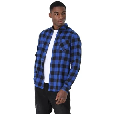 Image of Brave Soul &#039;Jack&#039; Brushed Flannel Check Shirt Long Sleeved(Royal Black JACK2, L)