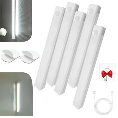 Image of Punch Free Smart Sensor Magnetic Rechargeable Led Lights, 4 In Motion Light Indoor, Activated Cabinet Cordless Under Bedroom Stair Lighting (White,5)