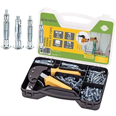 Image of BLOSTM 72pc Hollow Wall Fixings Heavy Duty Plasterboard &amp; Anchor Setting Tool Rivet Gun Set with Carry Case Plaster Boarding Anchors