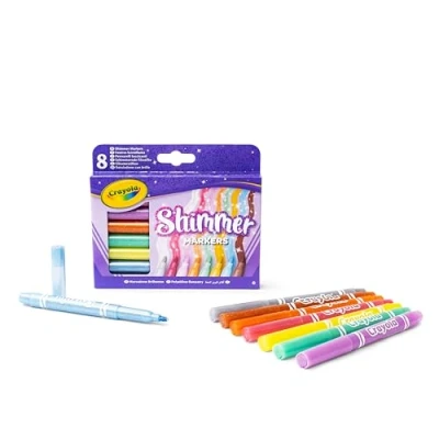 Image of CRAYOLA Shimmer Markers (Pack of 8) Eight Different Shimmering Tones Perfect for Home or School Art Projects Colouring Pens &amp; Ages 3+