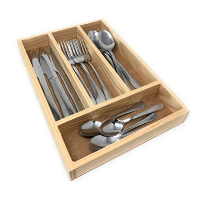 Image of Space Home Natural Wood Cutlery Drawer Tray for Divider Wooden Organiser 4 Compartments 32 x 22 3.5 cm Strong and Versatile