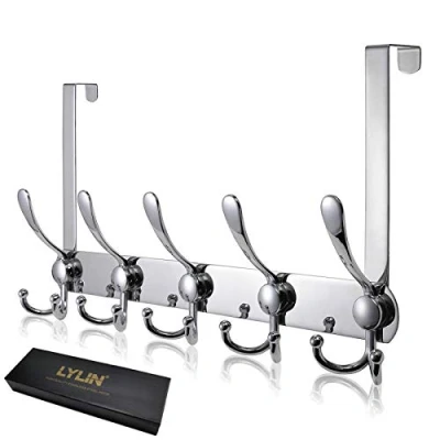 Image of Over The Door Hook Hanger, LYLIN Hangers for Bathroom Glass Door, Stainless Steel Heavy Duty 2 cm Thickness Frame (Silver, 15 Hooks)