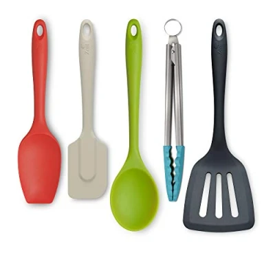 Image of Zeal JSET45QB Non Stick Silicone Tongs, Turner, Spatula Cook Spoon 5 Piece Set Bright Mix