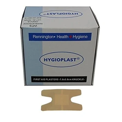 Image of Hygioplast Sterile Low Allergy First Aid Washproof Plasters, 7.6 x 3.8 cm, Knuckle, Box of 100