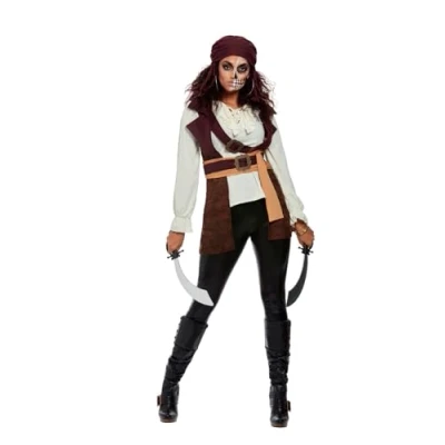 Image of Smiffys Dark Spirit Pirate Costume, Brown Top &amp; Hat, Halloween Adult Fancy Dress, Dress Up Costumes