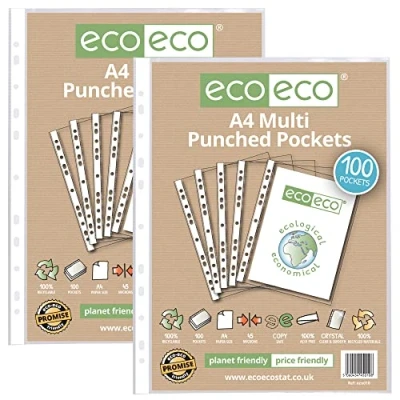 Image of eco A4 100% Recycled Multi Punched Pockets Glass Clear, Transparent Poly Wallet Sheet Protector, 45 Microns, 2 Packs of 100 Wallets, eco010x2