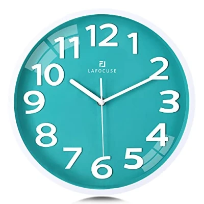 Image of Lafocuse 12 Inch 3D Numbers Teal Wall Clock for Living Room Decor, Modern Kitchen Battery Operated Silent Non Ticking Bedroom Home Office