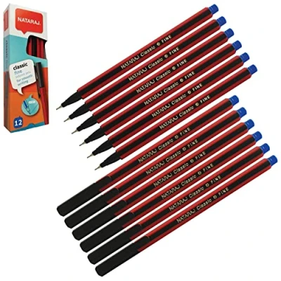 Image of NATARAJ Classic Fine Point BLUE Ballpoint Pens (12 x 0.7mm Ball + 1 ZOFAX Gel BLACK Pen)