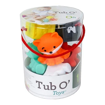 Image of Infantino Tub O&#039; Toys 9 Pieces Toy Set with Colorful Blocks, Animal Pals &amp; Multi Textured Balls Sensory Development, Ages 0 3 years