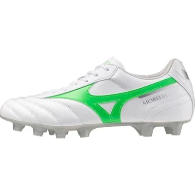 Image of Mizuno Morelia II CLUB Moulded stud football boots, Men&#039;s, Size: 9, White/neon green/galaxy silver High quality imitation leather