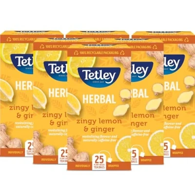 Image of Tetley Zingy Lemon &amp; Ginger, Pack of 6 Boxes, 150 Teabags