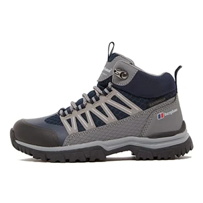 Image of Berghaus Kids’ Explorer Mid Hiking Boot with High Traction Sole, Waterproof, Breathable, Lightweight, Durable, Vegan Friendly (Navy, UK Footwear Size System, Big Kid, Numeric, Medium, 4)
