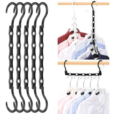 Image of 5 Pack Space Saving Hangers, Closet Organizers and Storage, Magic Sturdy Saver Storage Smart Plastic Clothes Black Hanger, Multiple Hangers in One, Apartment College Dorm Room Essentials