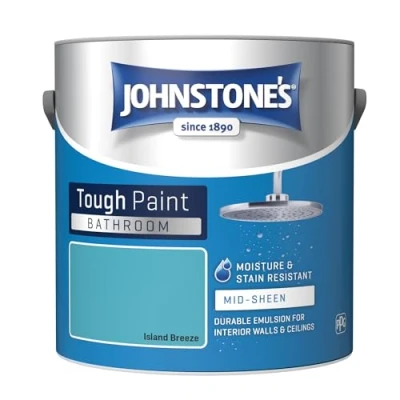 Image of Johnstone&#039;s Bathroom Paint Island Breeze Mid Sheen Finish Stain Blocker Use in Moist &amp; Damp Areas Low Odour Dry 1 2 Hours 12m2 Coverage per Litre 2.5L