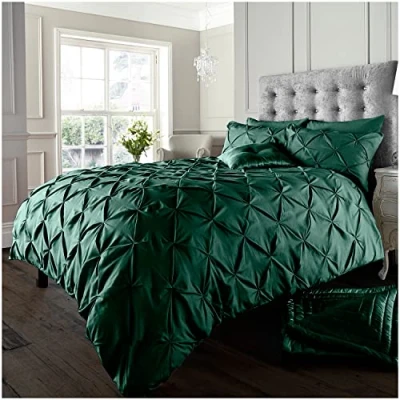 Image of GC GAVENO CAVAILIA Pintuck Single Duvet Cover Set Reversible Pinch Pleat Bedding Polycotton Quilt With Pillowcase Green