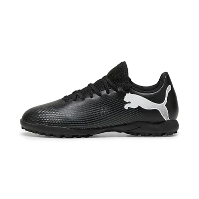 Image of Puma Future 7 PLAY TT JR Unisex Astro turf trainers for kids, Size: 10K, Black/white Imitation leather/ textile