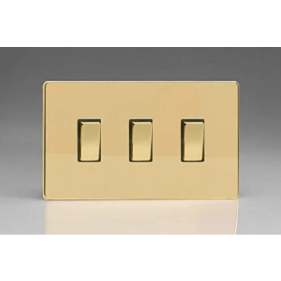 Image of Varilight 3 Gang 10A 1 or 2 Way Rocker Light Switch (Twin Plate) Polished Brass XDV93S