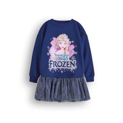 Image of Disney Frozen Girls Sweater Dress Kids Princess Elsa Sweatshirt with Sparkly Tulle Skirt in Navy Glitter Graphic Jumper All One Complete Outfit Film Movie Merchandise Apparel Gift Children