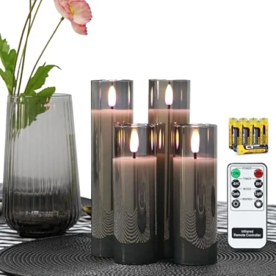 Image of Rhytsing Gray Glass Battery Operated LED Candles, Smoked Slim Flameless Candles with Remote, Warm White Light, Batteries Included D 5cm Set of 4