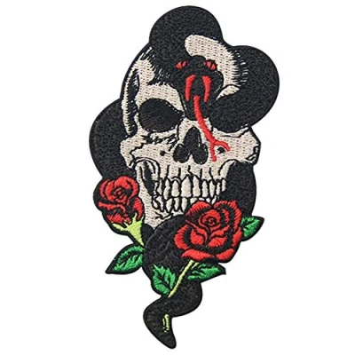 Image of Snake Rose and Skull Patch Embroidered Badge Iron On Sew Emblem