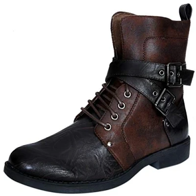 Image of ELONG Mens Punk Rock Goth Elmo Ankle Boots Brown Zip Biker Leather Buckle 8