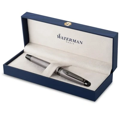 Image of Waterman Expert Fountain Pen Metallic Silver Lacquer With Ruthenium Trim Fine PVD Coated Stainless Steel Nib Blue Ink Gift Box