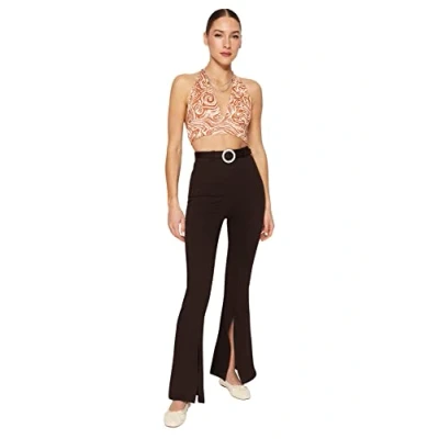 Image of Trendyol Women High Waist Wide Leg Regular fit Trousers Brown