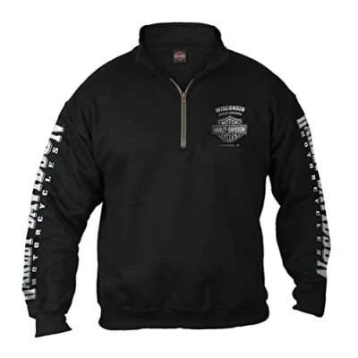 Image of Harley Davidson Men&#039;s Lightning Crest 1/4 Zip Cadet Pullover Sweatshirt, Black