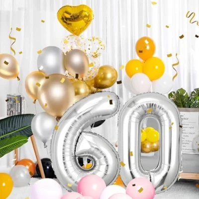 Image of 60th Number 60 Balloons 60,Sliver Balloon 40 Inch Giant Helium Foil for Men Women Birthday Party Decor Anniversary Decorations Supplies