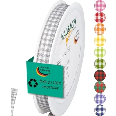 Image of Halbach Seidenbänder Premium Vichy Checked Gift Ribbon (Grey) Width 10 mm Length 25 m Made in Germany Many Colours