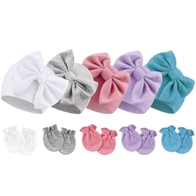 Image of DRESHOW Newborn Baby Girls Hats Mittens Set Hospital Hat Beanie Infant Cotton Gloves No Scratch 0 6 Months