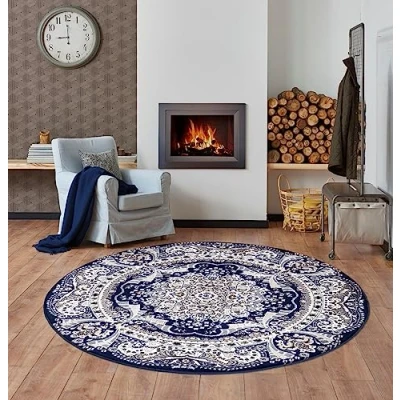 Image of householdfurnishing Vintage Traditional Rug Floral Pattern Carpet Bedroom Mat Living Room Rugs Exquisite Persian Style Wide Area Hallway Runner (Blue, 120 x cm Round Rug)