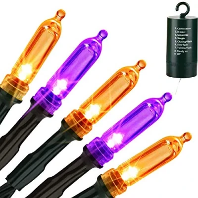 Image of LYHOPE Orange &amp; Purple Halloween Lights, 33ft 100 LED Decoration Lights Waterproof 8 Modes Battery Operated String for Outdoor Indoor,Tree, Wreaths, Holiday, Party Decor