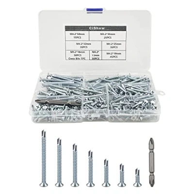 Image of 256pcs Drilling Tail Screw Set, M4 Self Countersunk Screws, Tapping Head Drilling, Steel Screws for Metal Sheets Roofing Windows（7 Sizes）