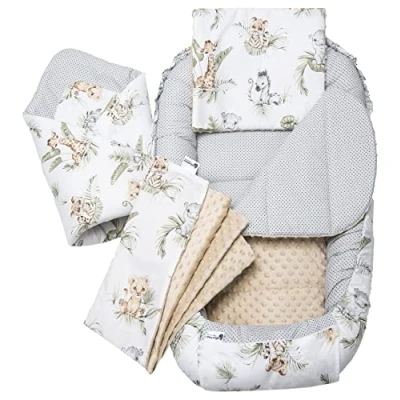 Image of Medi Partners 5 Piece Baby Nest Set 100 x 60 15 cm Removable Insert Bed Cuddly Crawling Blanket Newborn 100% Cotton (Safari with beige Plush)
