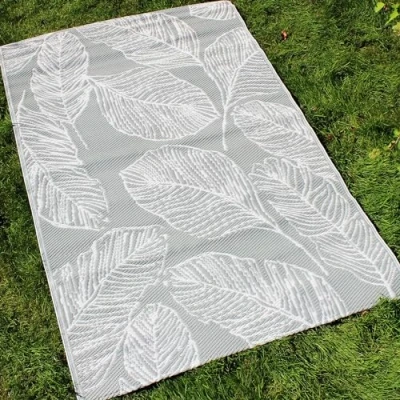 Image of Fusion Grey Outdoor (120 x 170cm) Light Botanical Leaf Print Picnic Beach Blanket Tropical Palm Tree Balcony/Patio Rug/Mat Matteo Collection, 100% Polypropylene