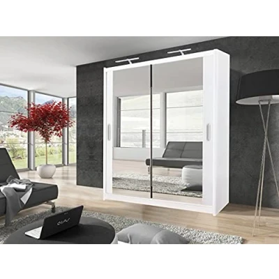 Image of Milan Modern Double Full Mirror sliding door wardrobe with 2 LED Light Width 100cm/120cm/150cm/180cm/203cm/250cm(180cm, White)