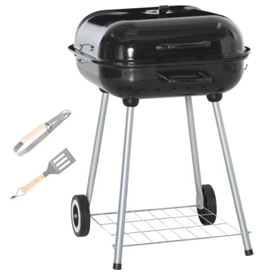 Image of Outsunny Portable BBQ Charcoal Grill with 2 Wheels and Cooking Utensils, Smoker Lid for Outdoor Barbecues, Camping, Picnic, Courtyard