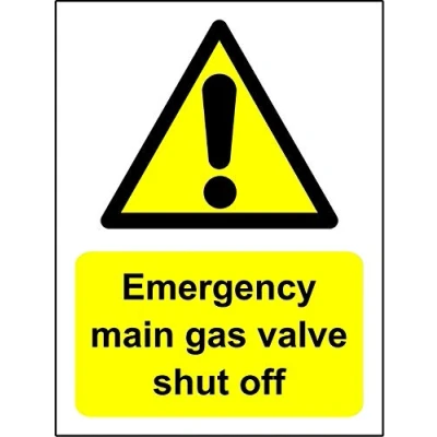 Image of Emergency main gas valve shut off Safety sign Self adhesive sticker 300mm x 200mm