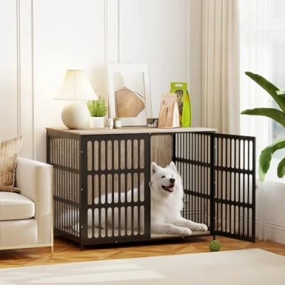 Image of PawHut Dog Crate Furniture, Cage Side End Table Indoor with Anti Chew Resistant Mesh, Escape Door, for Extra Large Dogs, 118 x 80 92 cm, Walnut Brown