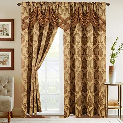 Image of Elegant Comfort Jacquard Look Curtain Panel Set with Attached Waterfall Valance, (Set of 2), 54 x 84 Inches, Gold/Taupe