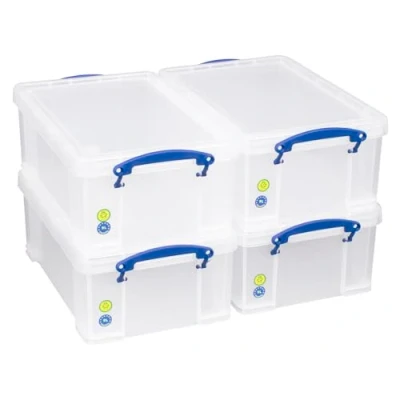 Image of Really Useful Box 9 Litre Plastic storage Clear, Multi purpose stacking storage, with a lid and clip lock handles, Ideal for home, office, school arts crafts (Pack of 4)