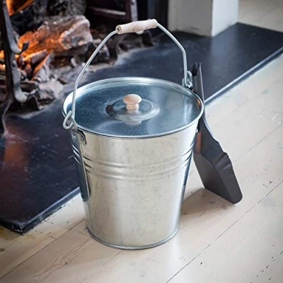 Image of CKB LTD Fire Side Storage Bucket with Removable Lid Universal Fireside Holder for Kindling Log Coal Skuttle Ash Bin Fireplace and Grill, Wood Carrier Galvanised Steel